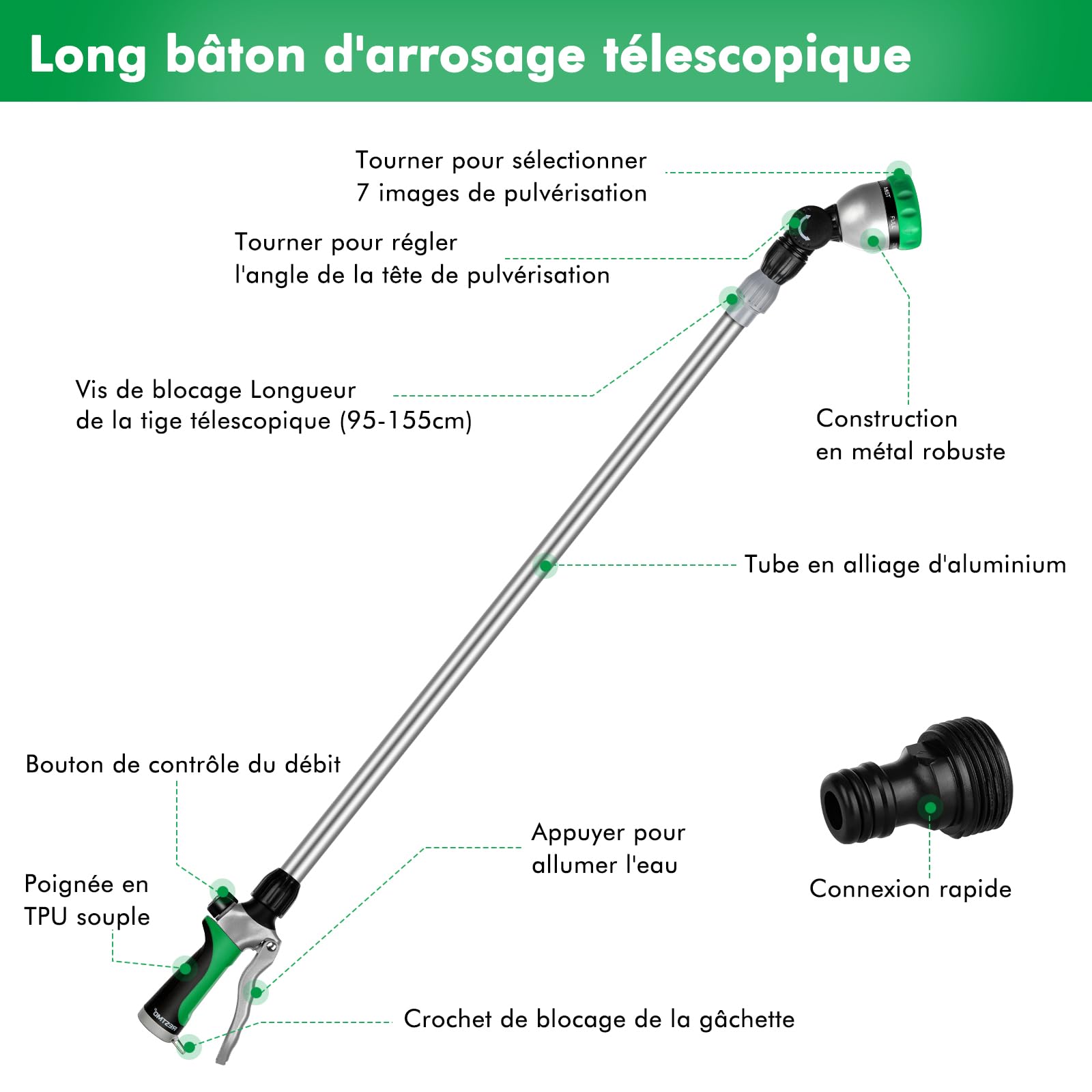 RESTMO Canne d'Arrosage Télescopique 92-152 cm, Longe Pomme Métallique avec Tête Pivotante 180°, 7 Motifs de Pulvérisation, Baguette Magique pour Jardinières Suspendues et Arbustes, Vert