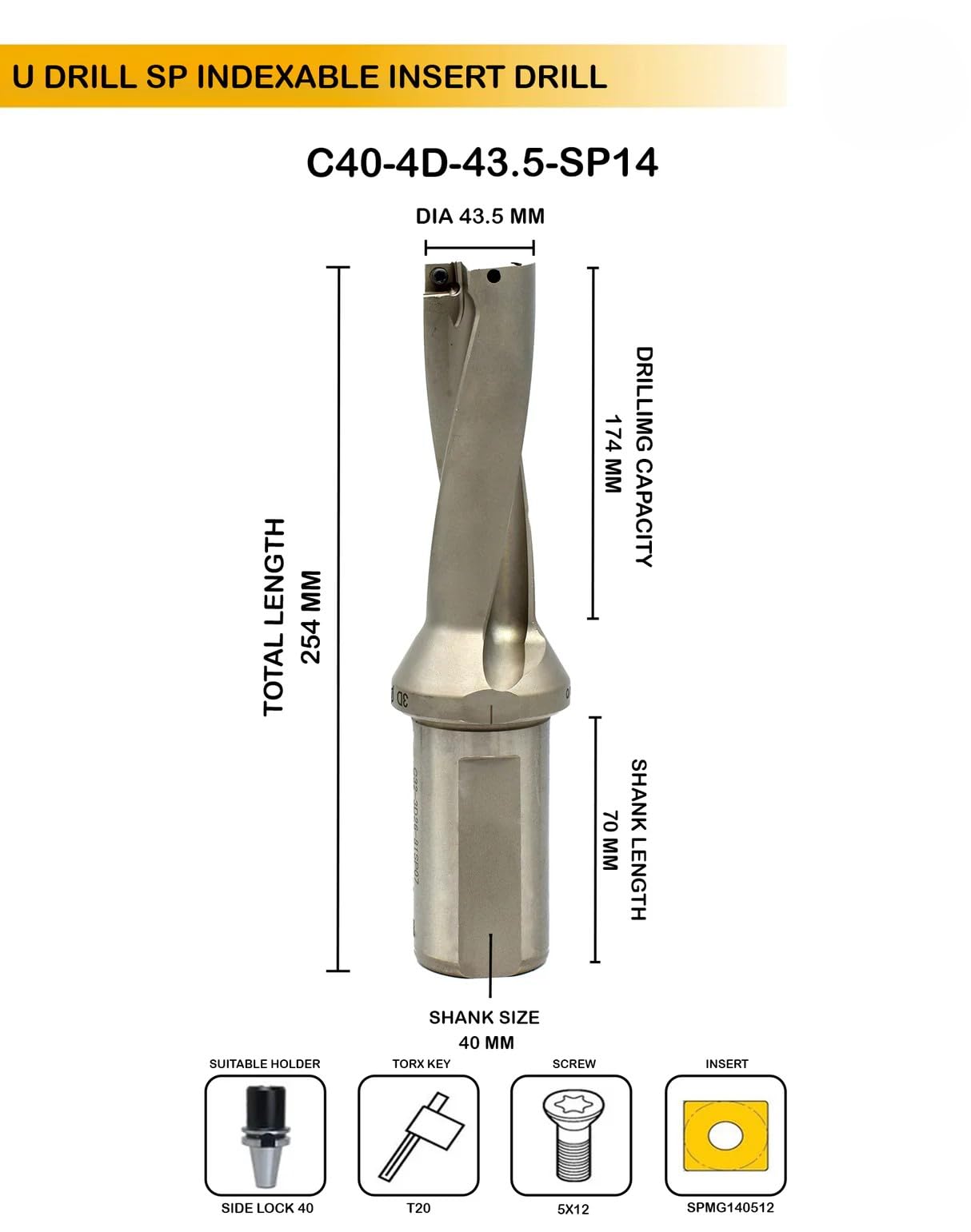 Buyohlic Indexable Insert U Drill 43.5 MM II Weldon Shank II Through Coolant II 10 pcs Carbide Inserts Free (Dia 43.5 mm~4D~40 mm Shank)
