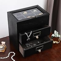 Vista 2 de Caja de almacenamiento de madera, organizador de escritorio de madera con 2 cajones y 6 rejillas, cajones de boticario, pequeños cajones de madera