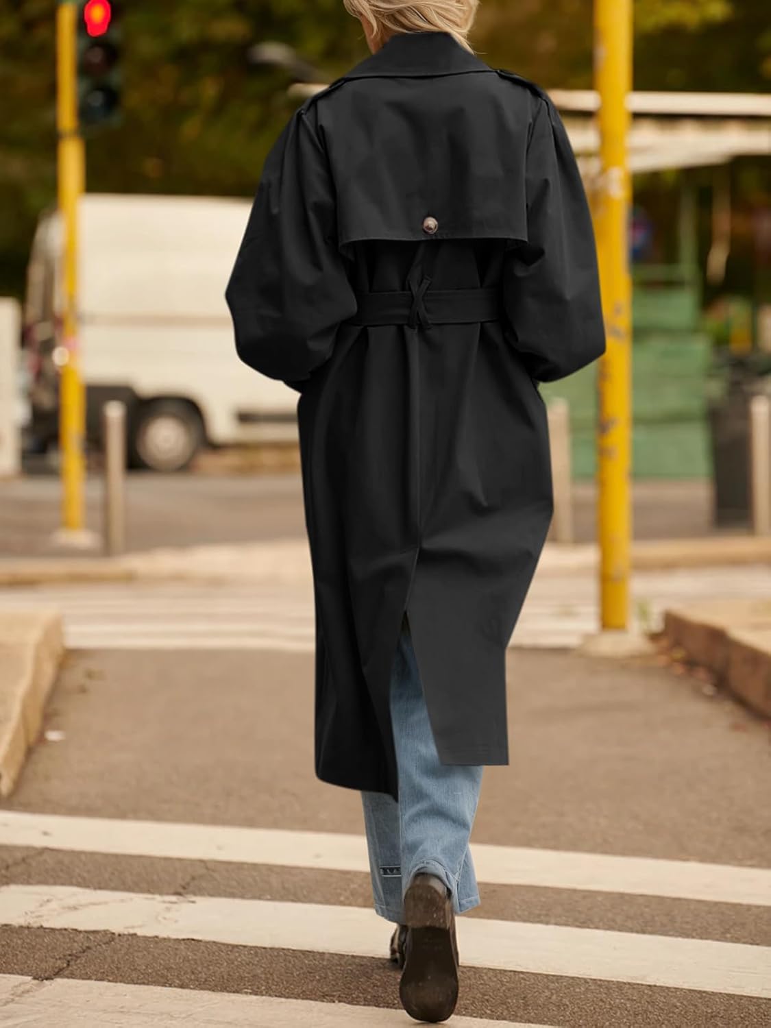 Tankaneo Womens Long Trench Coat Fall Fashion Oversized Double Breasted Lapel Overcoat Outerwear with Belt - Image 5