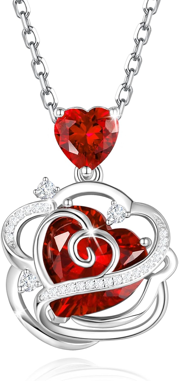 FANCIME Thornless Pulse Heart Birthstone Necklace for Women Sterling Silver Rose Pendant Fine Jewelry Gemstone Birthday Mothers Day Gifts for Wife Her