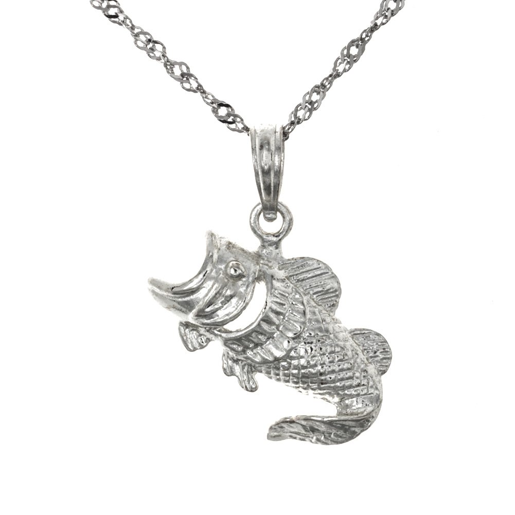 925 Sterling Silver Nautical Necklace Charm Pendant with Chain, Mini 2-D Bass Fish, Cut-Out Gill