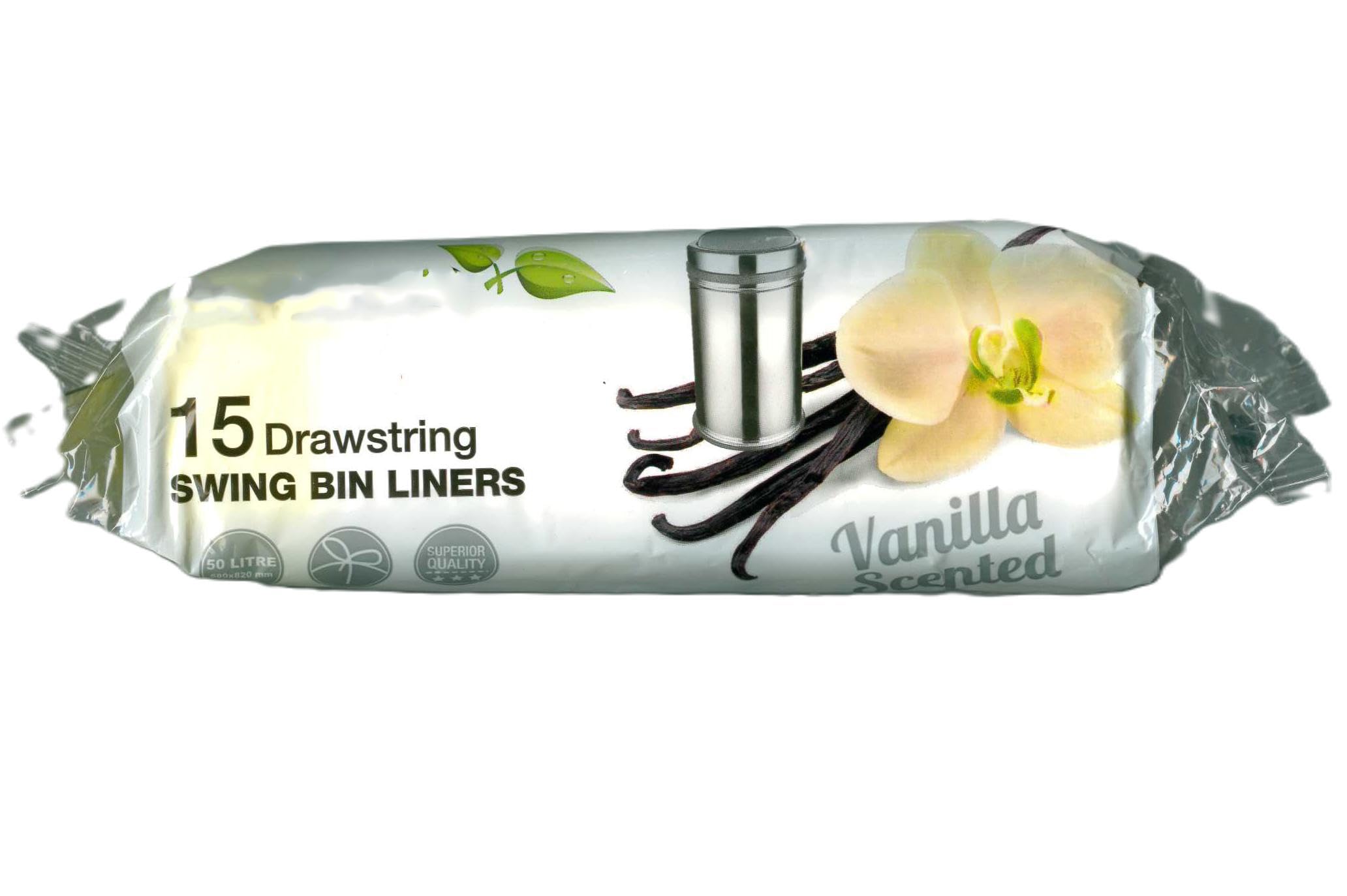 Drawstring Bin Bags 50L Bin Liners Vanila Scented Kitchen Trash Bags Tie Handle Pedal Swing Waste Bags 15pcs Strong Large Garbage Bags for Garden Office Rubbish Bin