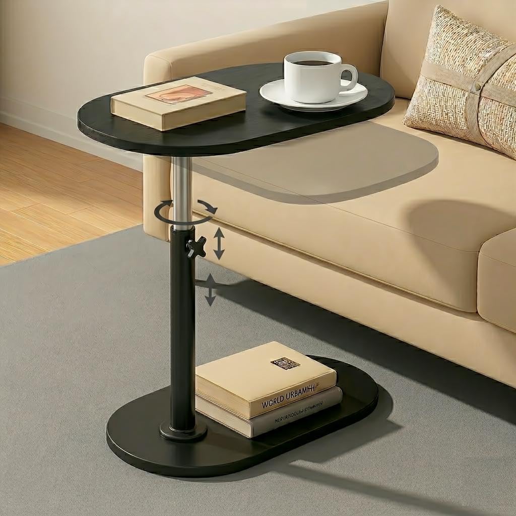 MTANK Adjustable Table Stands Couch Side Table, Swivel TV Tray Table, 360ยฐ Top Moving C-Shaped End Table, Slides Under Couch Side Stand| (Black, Shinning), Engineered Wood