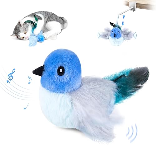 Migipaws Juguetes interactivos y realistas para gatos, pájaro volador con hierba gatera, plumas colgando con cuerda elástica, juguetes automáticos
