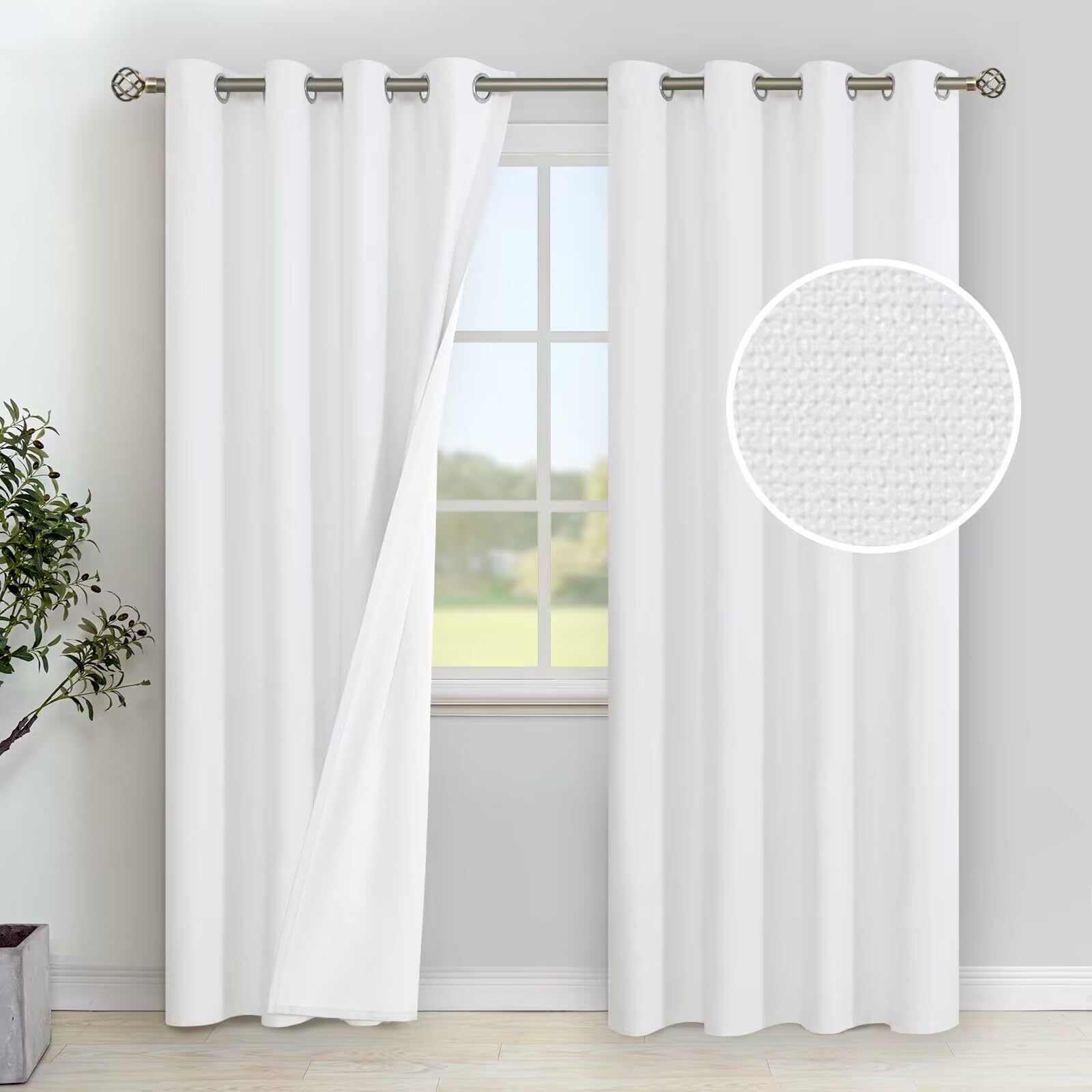 YoungsTex White Linen Blackout Curtains for Bedroom, Long Thermal Insulated Drapes with Grommet Full Room Darkening Energy Saving for Living Room, 2