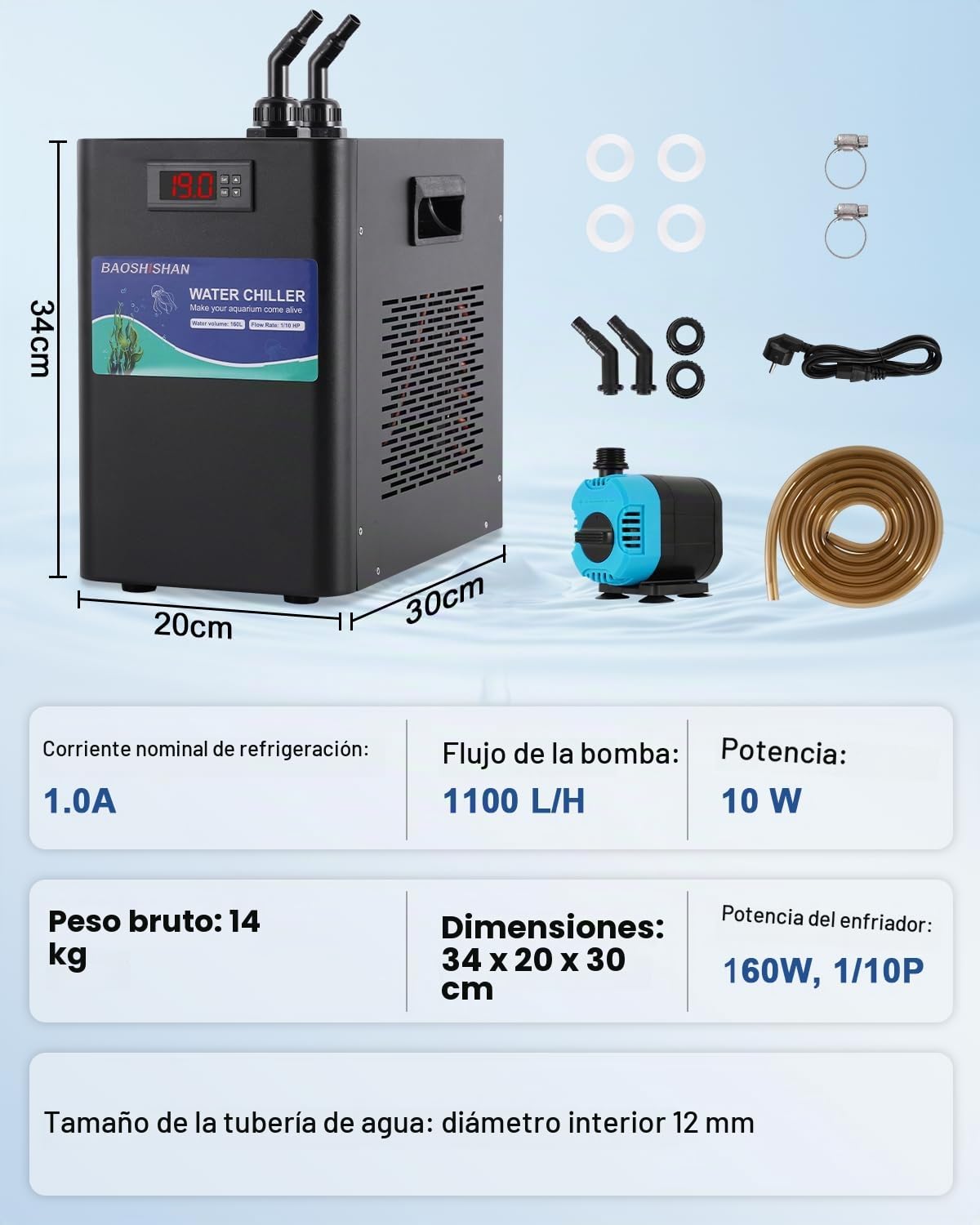BAOSHISHAN 160L Acuario Enfriador de agua Enfriador Kit de bomba adicional Enfriador de tanque de pescado Equipo de cultivo de mariscos 220V (Unidad de temperatura del agua: ℃)