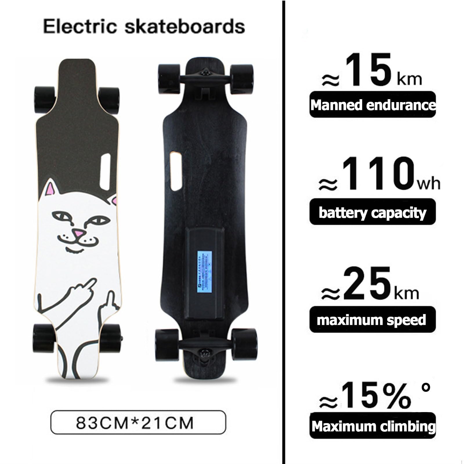Longboard électrique avec télécommande, cruiser sans balais 350 W, portée de 15 km, capacité de 150 kg, design tout-terrain, contrôle à 4 vitesses, construction en érable durable