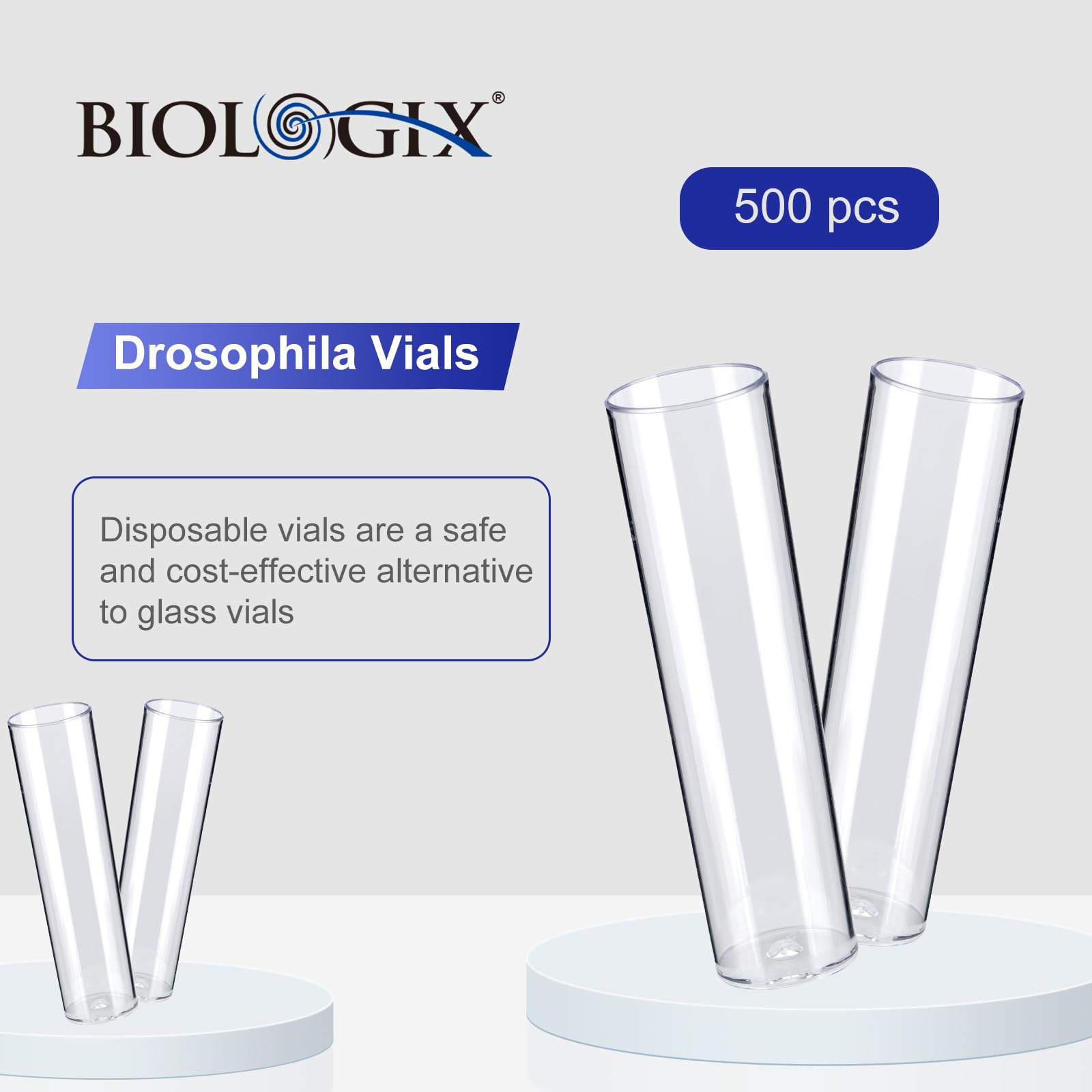500 tubos Drosophila con bandeja, 28,5 × 95 mm, cría de Drosophila, tubos de ensayo de plástico, fondo plano, poliestireno, para laboratorio Drosophila, 100/bandeja