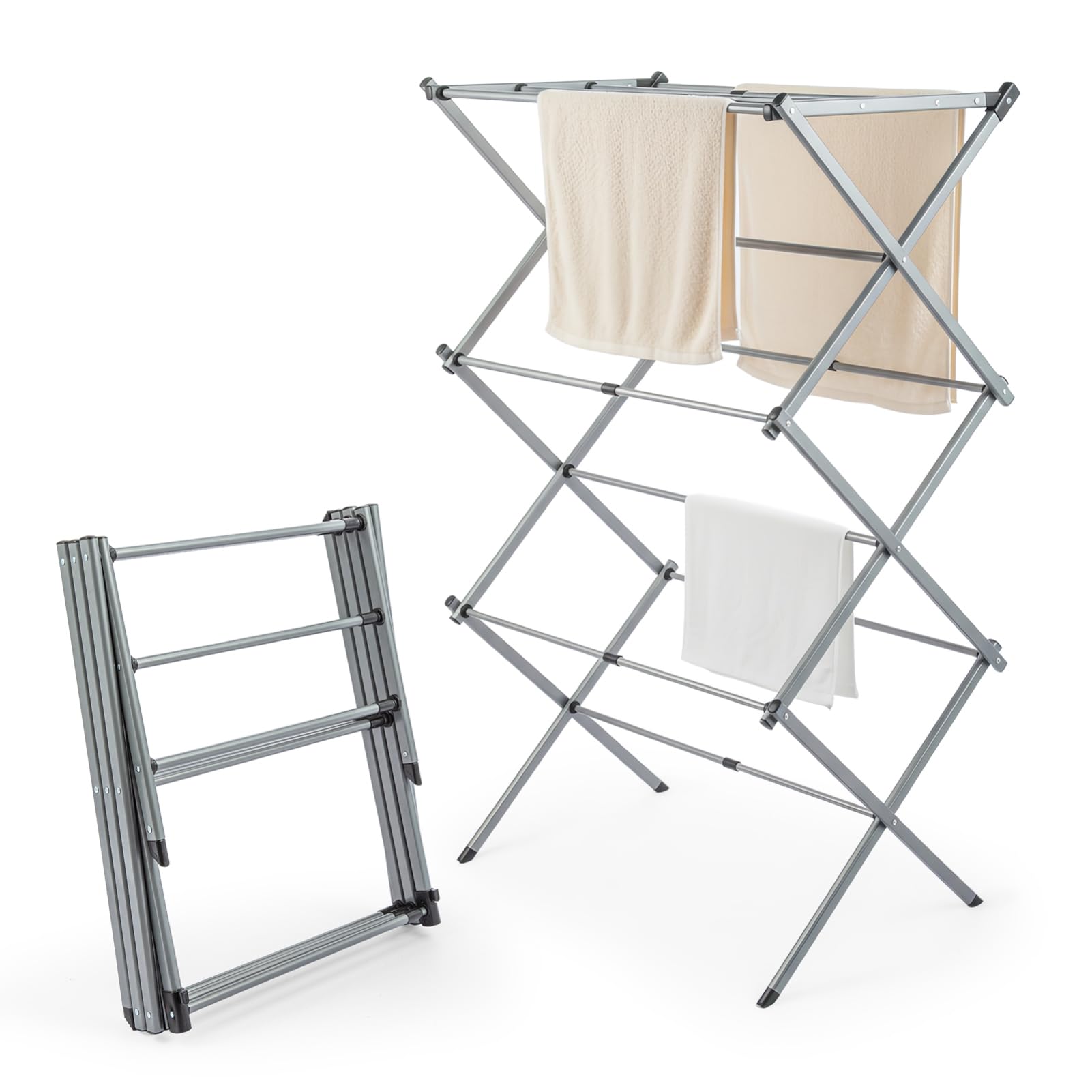 Minifactory 3-Tier Expandable Clothes Airer Heavy-Duty Foldable Drying Rack Rust-Resistant Indoor Outdoor Laundry Drying Rack Adjustable Width for Flat Bathroom Balcony Silver