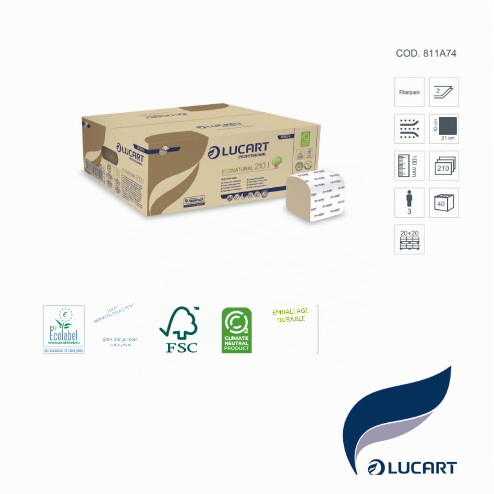 Lucart Professional, EcoNatural 210I, Papier hygiénique plié en deux en Fiberpack, idéal pour les salles de bains publiques et les bureaux, 210 feuilles par paquet, 10x21 cm, 40 paquets