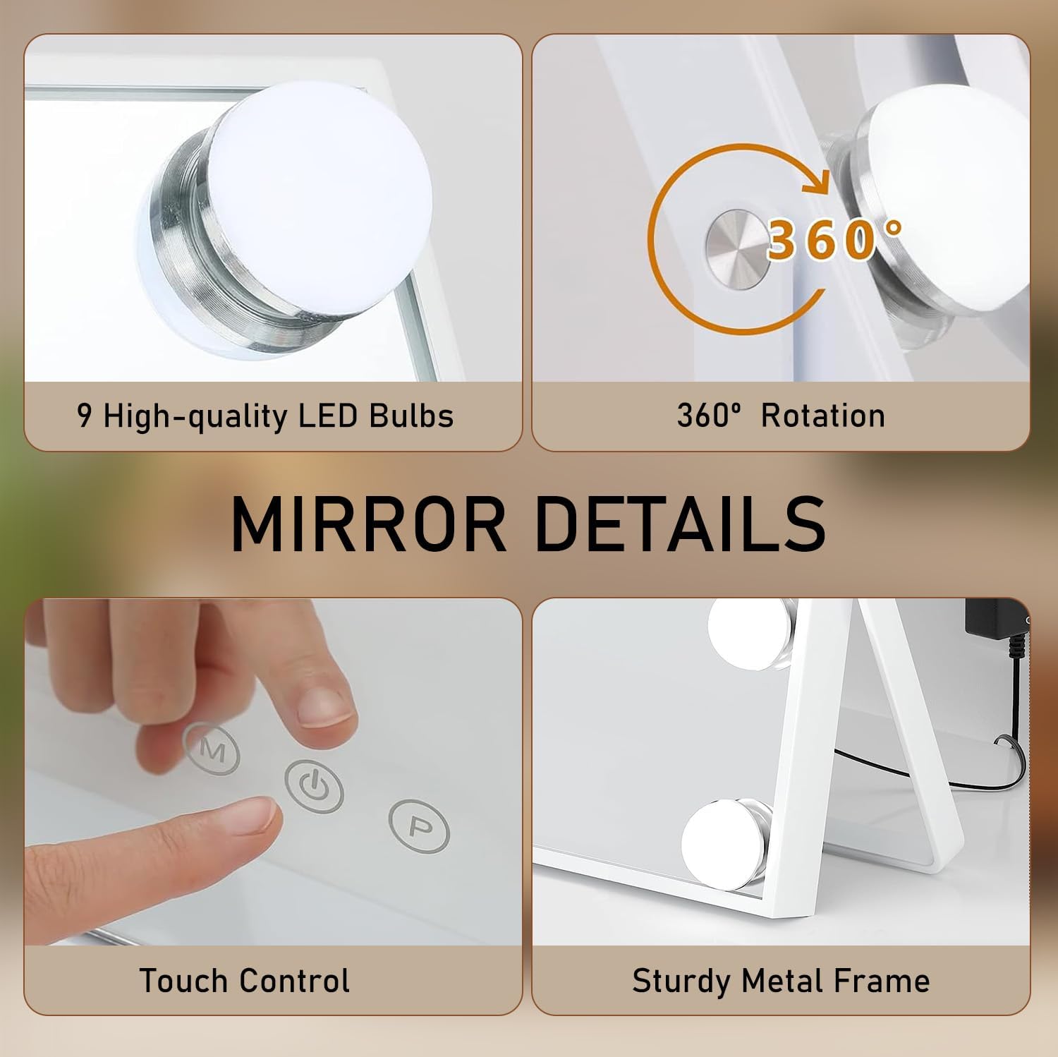 Vanity Mirror with Lights, Hollywood Vanity Makeup Mirror with Lights, Lighted Make Up Mirrors with 9 Dimmable Bulbs, 360 Degree Rotation Mirror, Smart Touch Control, 3 Color Modes (12" L x 10" W)