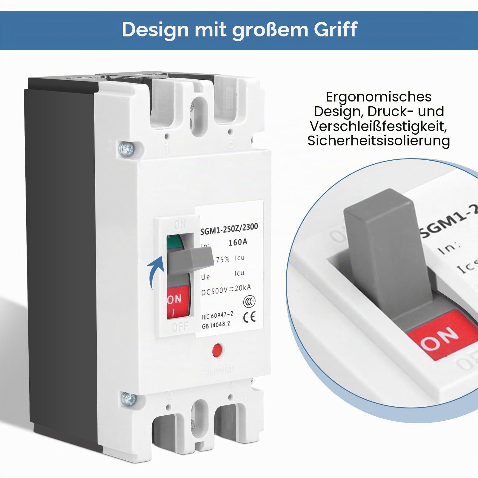 DC-Leistungsschalter 2p Kunststoffgehäuse-Leistungsschalter Solarschalter 500 V 160 A, Geeignet für Solarpanel-Stromnetzsysteme