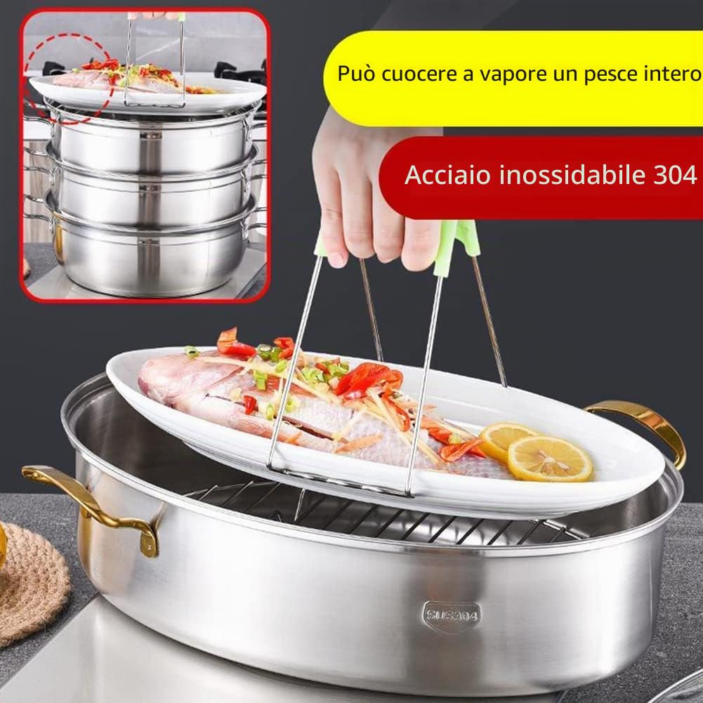 8Qt Vaporiera per Pesce Ovale, Pentole per Pentola per Pesce al Vapore in Acciaio Inossidabile 304 con Griglia, Padella in Ceramica, Mandrino per Pesce al Vapore, Zuppa Bollente,Silver