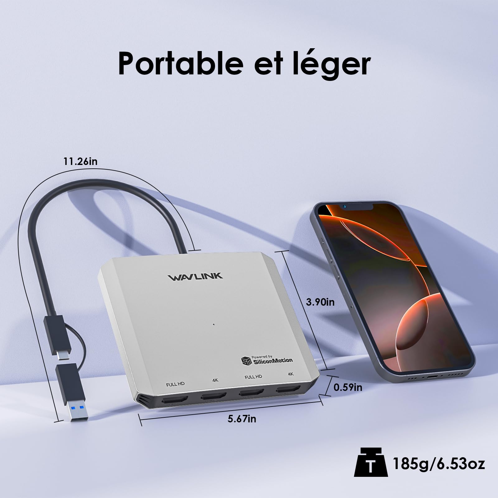 Adaptateur USB C vers HDMI, WAVLINK Adaptateur Quadruple Moniteur pour Systèmes macOS M1/M2/M3/M4. Hôtes Type-C/A, 4 HDMI, Pilote SMI Requis | Universal USB A vers HDMI Extended Dual Triple Display pour Windows, Macbook Neo, Mac M1-M5 Driver requis