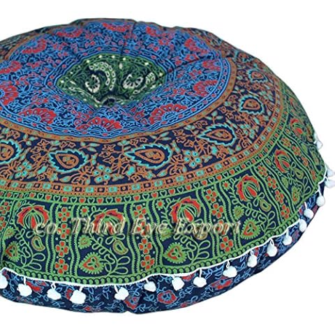 Third Eye Export Boho Room Decor Aesthetic: Vintage Indie 32 Inches Indian Blue Mandala Round Pillows Meditation Cushion Cover, Perfect for Cottagecore Hippie Room Decor (Blue-2, 32 Inches (81 Cms.) Cover