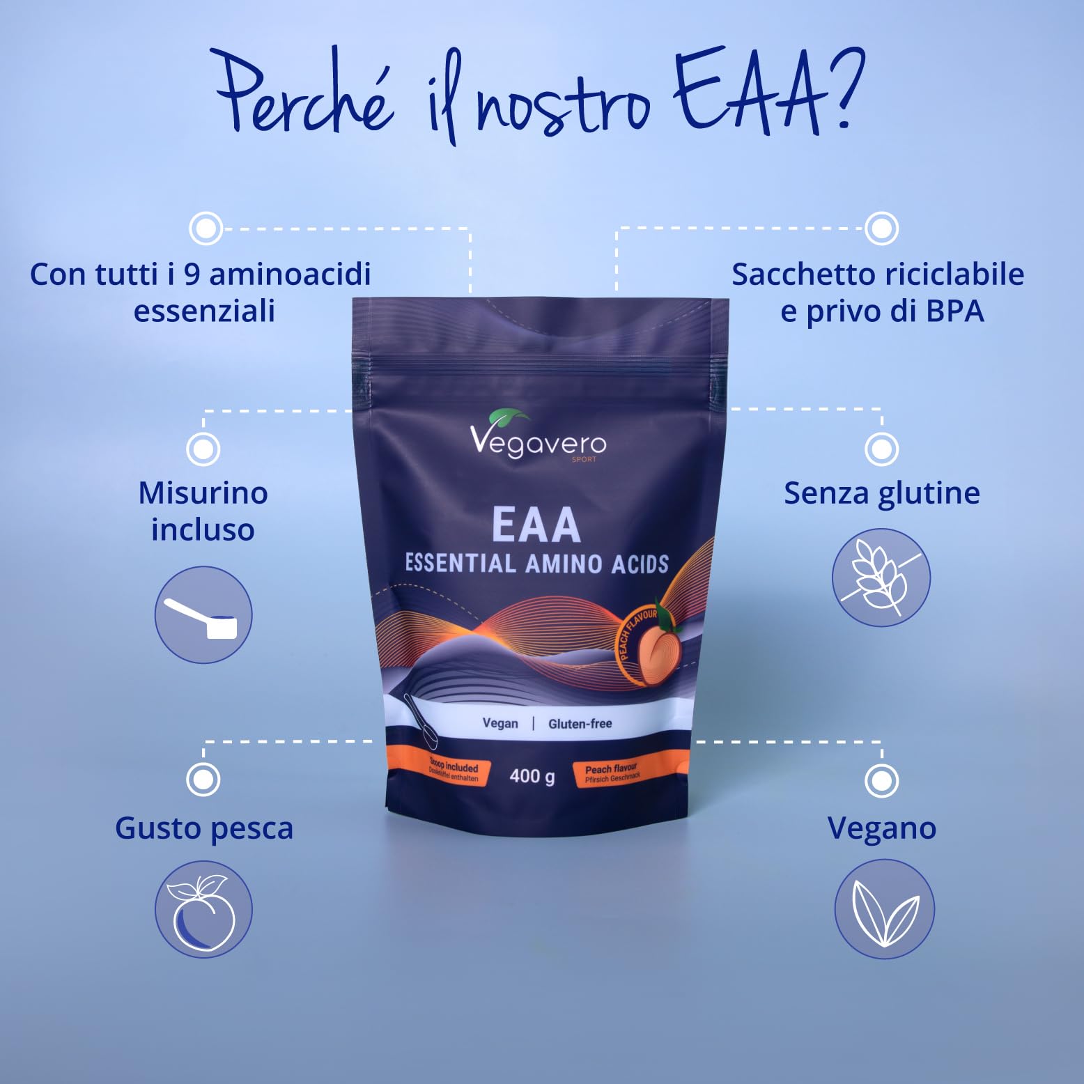 EAA Aminoacidi Essenziali in Polvere | 400 g | 9 EAA e BCAA 2:1:1 | Vegano e Senza Zuccheri | Intra Pre Post Workout | Gusto Pesca | Vegavero®