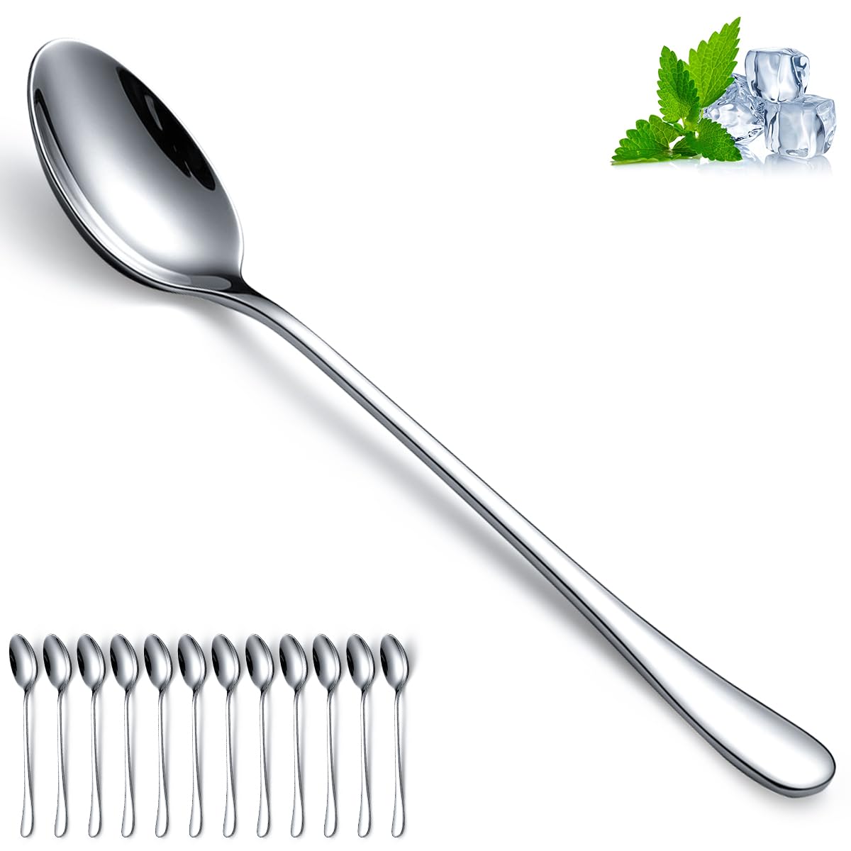 Homquen 12-Piece Long Handle Iced Tea Spoons, 19.6 cm Stainless Steel Ice Cream Spoons, Coffee Spoons, Tea Spoons Silverware, Long Spoons for Stirring, Use for Coffee, Cocktail, Ice Cream, Bar