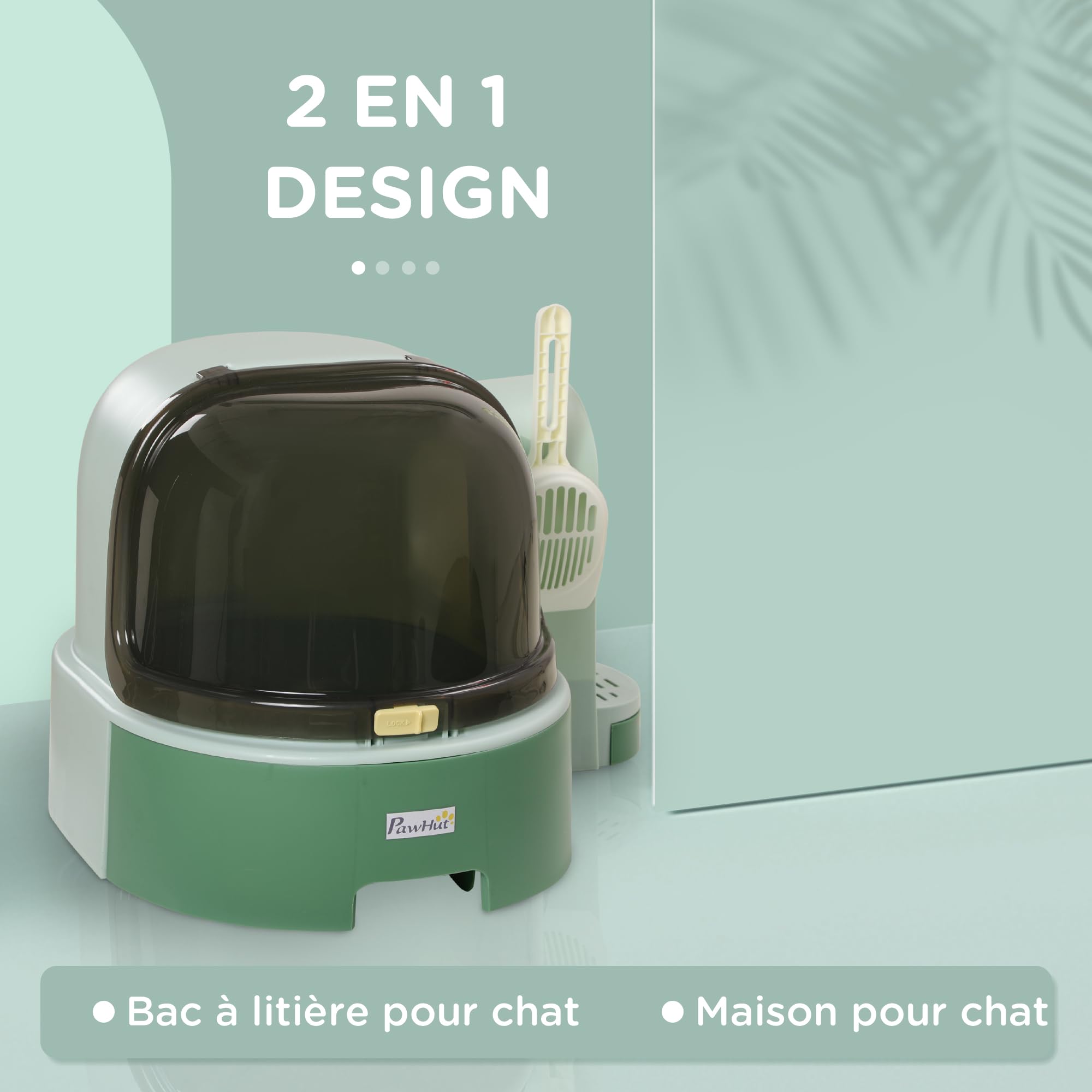PawHut Maison de Toilette, bac à litière fermé pour Chat - Compartiment inférieur Amovible pour Un Nettoyage Facile - Pelle Inclus - Vert | Compartiment Inférieur Amovible, Nettoyage Facile