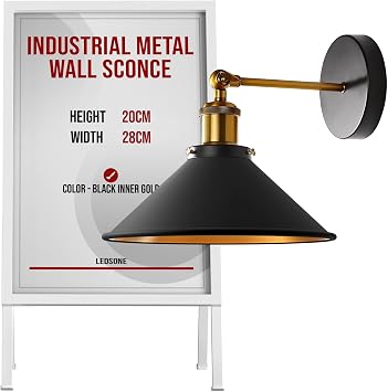 LEDSone Industrial Metal Wall Sconce, Black & Gold Wall Light with E27 Bulb Holder, Modern Indoor Wall Lamp for Bedroom, Hallway & Living Room | Industrial Wall Light, E27 Bulb Base, For Bar Restaurants Living Room Bedroom Bathroom Hallway Balcony Stairs