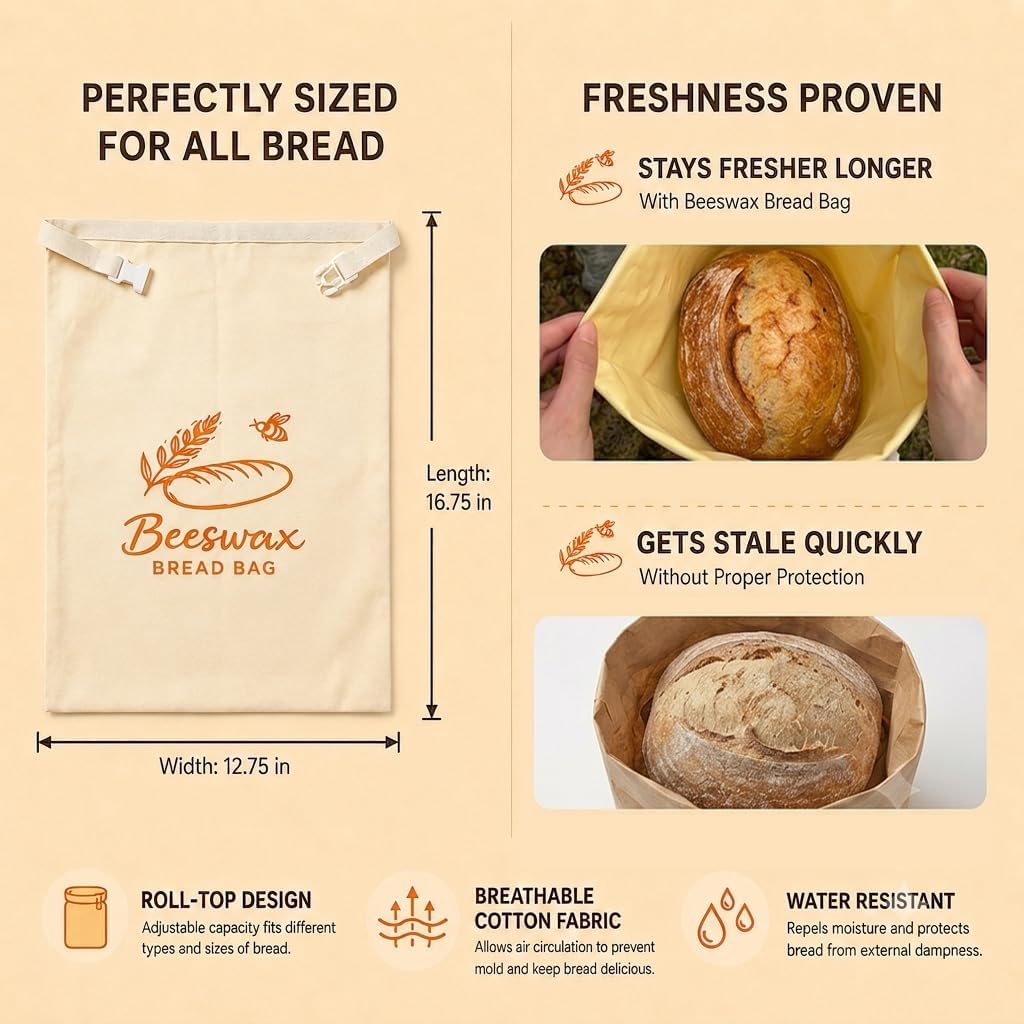 2 Pack Beeswax Bread Bags for Homemade Bread & Sourdough, Reusable Cotton Bread Storage Bags, Natural Beeswax Lining, Washable Bread Bag, Freezer Safe, Keeps Bread Fresh Longer