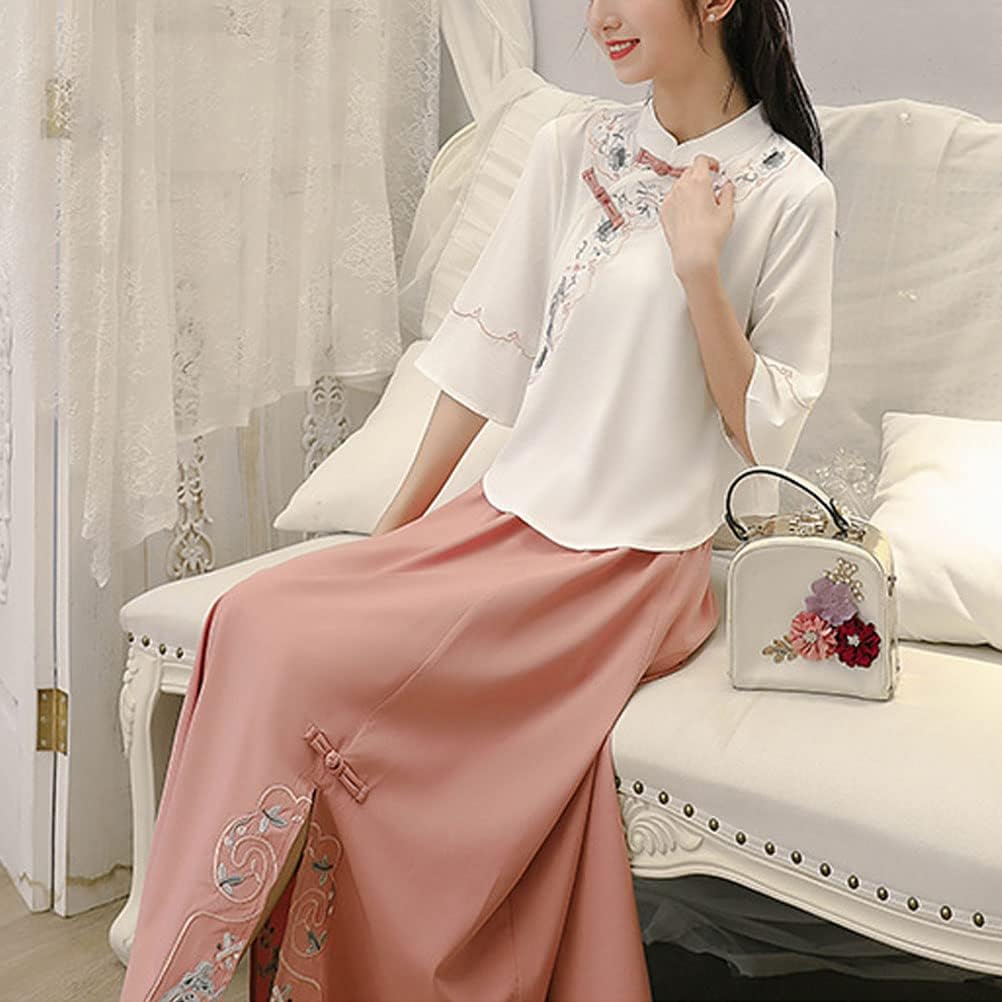 Chinese Tang Suit Women's Traditional Qipao Cheongsam Embroidered Two Piece Outfit Mandarin Top Tea Length Skirt Dress - Image 3