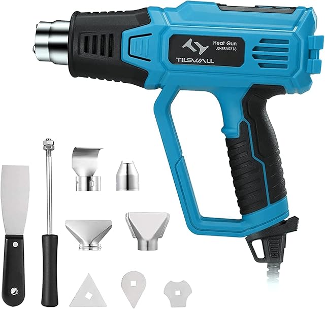 Heat Gun 2000W Tilswall Professional Hot Air Gun with 12 Modes Adjustable Temperature 50-600 , 4 Nozzles with Scraper, Memory Function for DIY, Stripping Paint, Shrinking PVC and Home Improvement