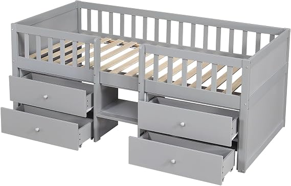 90x190cm Solid Wood Single Bed Frame with Storage Drawers, Low Loft Bed with Underbed Storage Compartment  Length Security Guardrail, No Mattress, Saving-space Design for Bedroom, Grey
