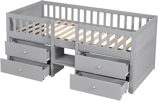 90x190cm Solid Wood Single Bed Frame with Storage Drawers, Low Loft Bed with Underbed Storage Compartment Length Security Guardrail, No Mattress, Saving-space Design for Bedroom, Grey