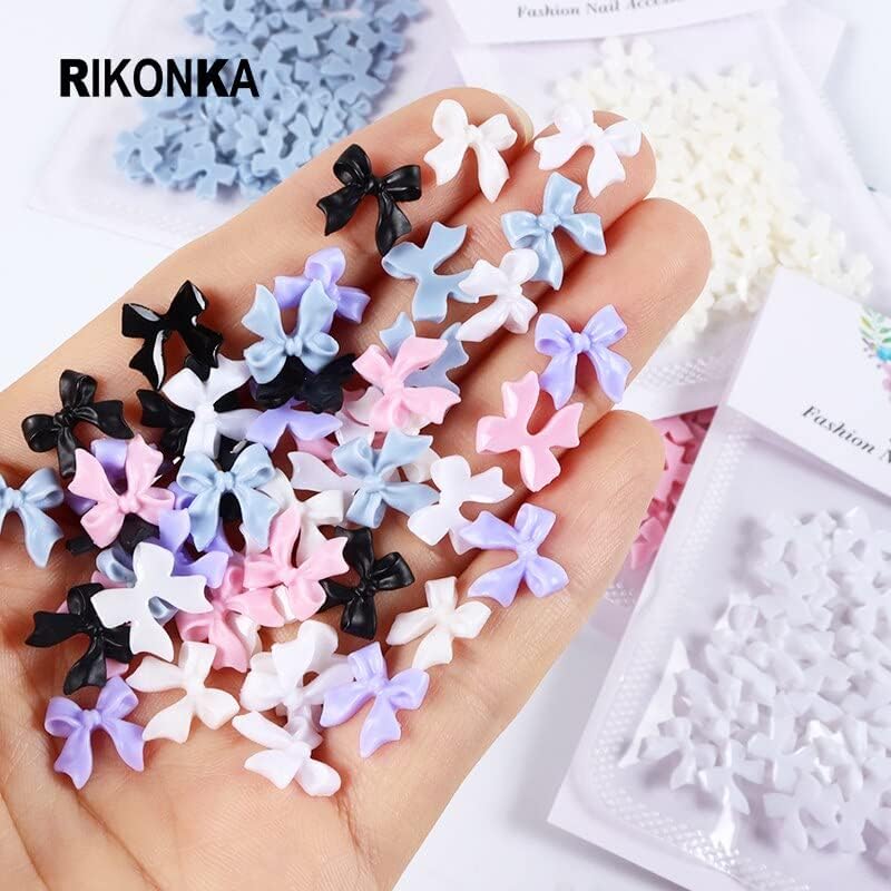 6 Bags White Black Ribbon Bow Lovely Resin Parts Bow-tie Nail Art Decorations Set for Manicure DIY Japan Korean Nail Accessories - (Color: BOW-6PCS)