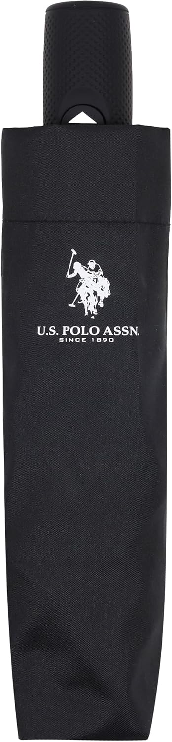 U.S. Polo Assn. Compact Automatic Umbrella, Travel Folding Umbrella with Wrist Strap and Storage Sleeve, Black/White