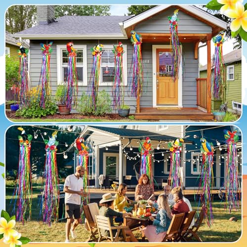 Image of Affrolling 8 Pcs Tropical Birds Party Decoration Hawaiian Luau Tiki Jungle Theme Hanging Outdoor Decor with Tassels for Birthday Party Supplies 3.3 ft Summer Bird Toucan Leaf Garland Door Banner Sign