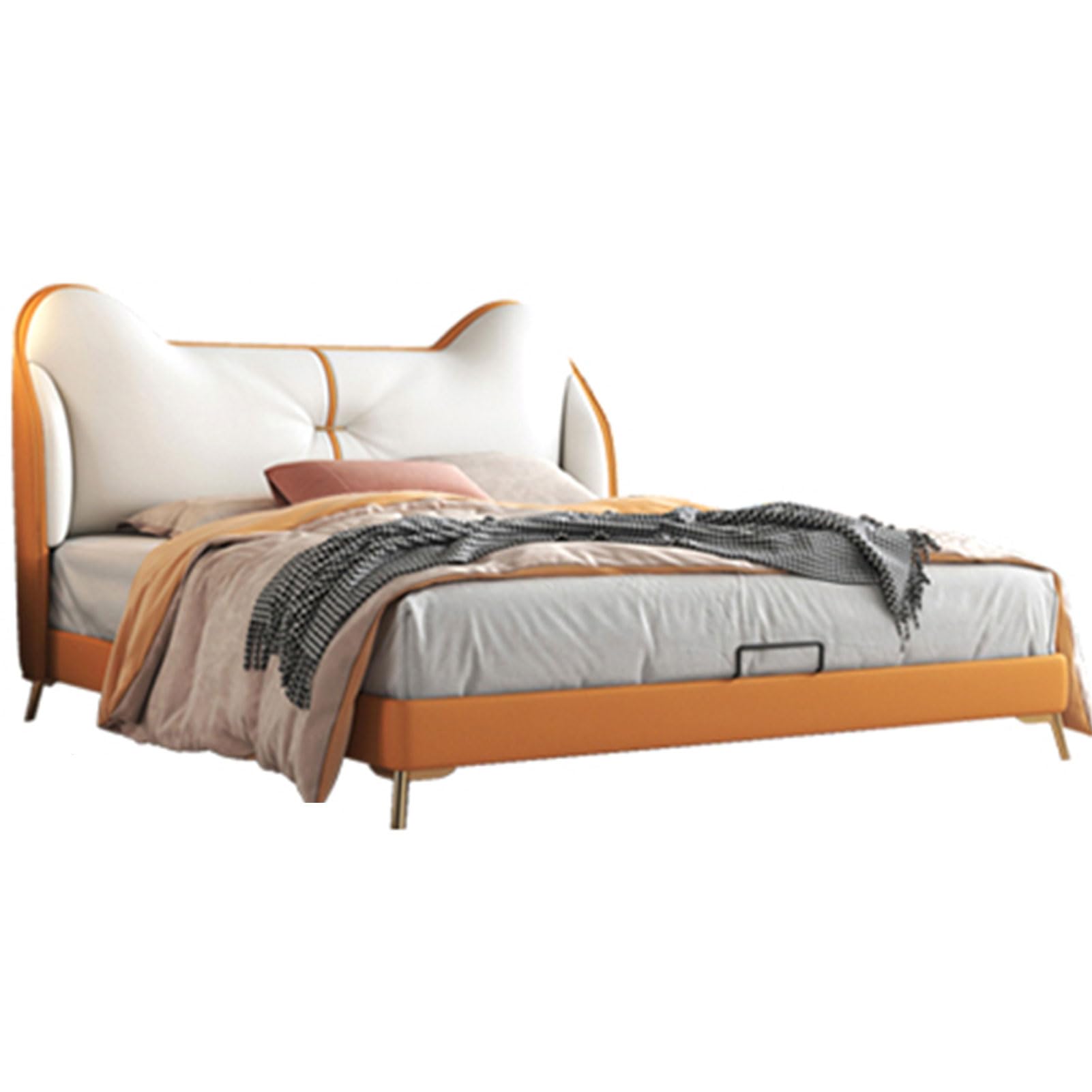 Modern White Leather Queen Size Platform Bed King Size Upholstered Platform Bed Frame Wooden Slats Support Easy Assembly