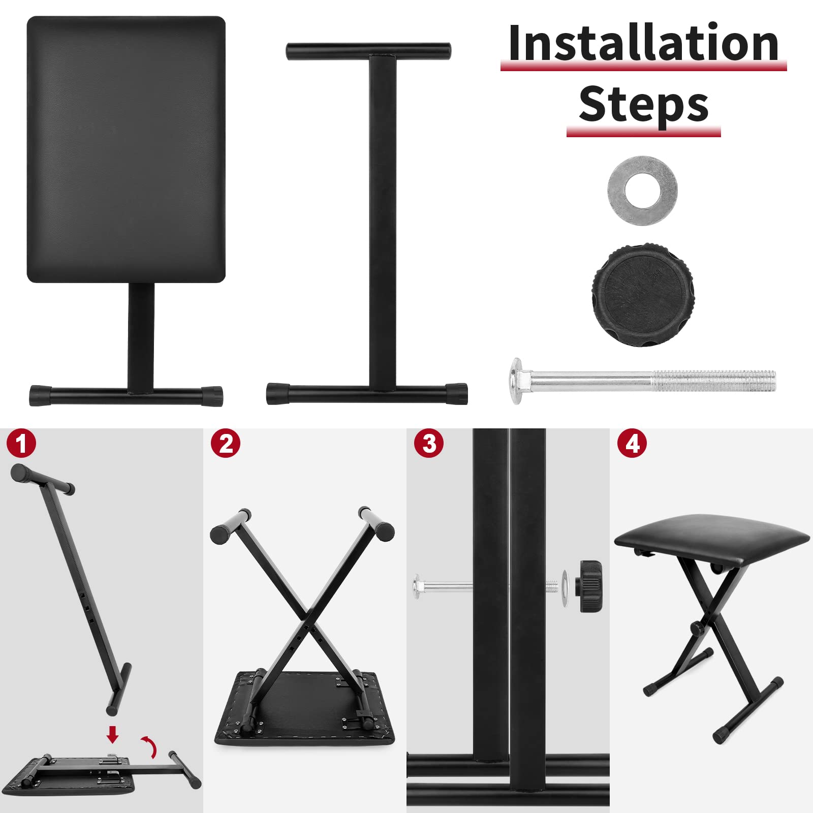 MUZNOTE Banco de teclado, banco de piano ajustable, asiento acolchado para teclado, estilo X, plegable, algodón ignífugo, diseño antideslizante e impermeable, color negro