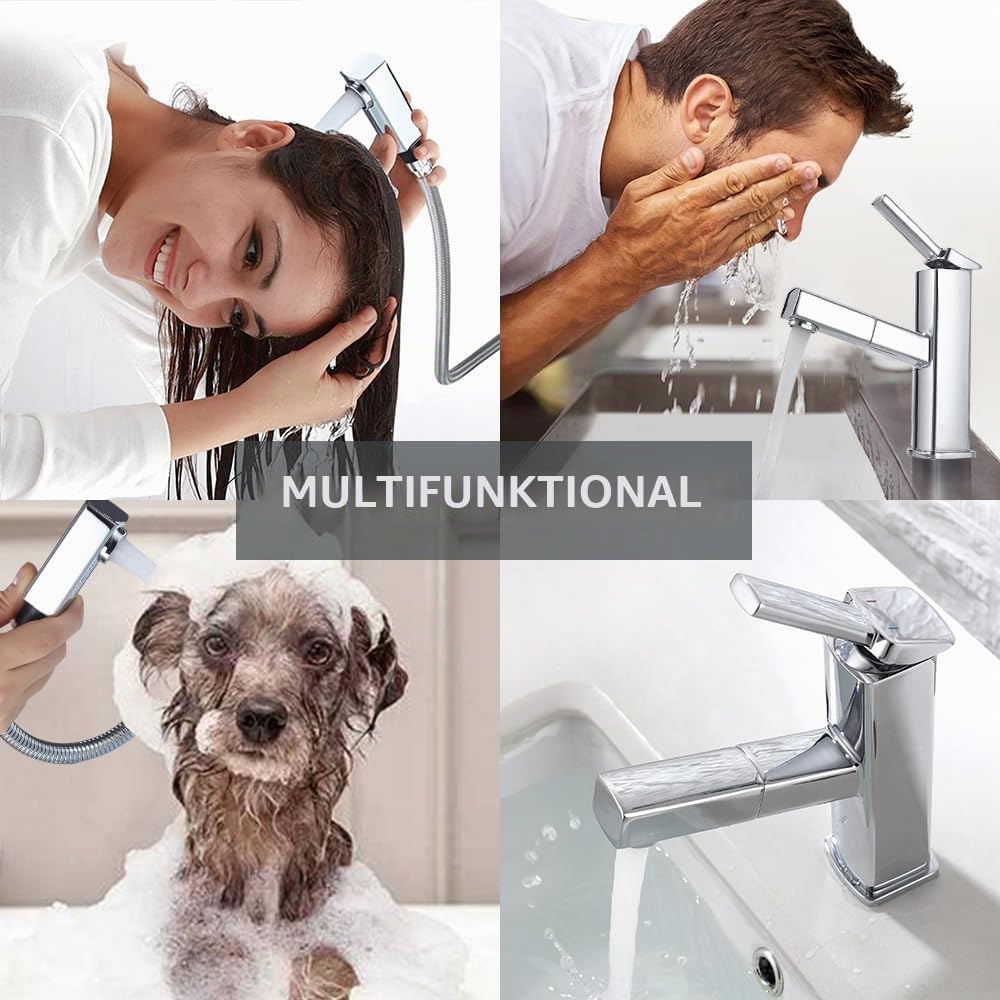 KAIYING Waschtischarmatur mit Herausziehbarer Spritze, Mischbatterie Waschbecken für Heißes und Kaltes Wasser, Ausziehbarer Wasserhahn Bad Chrom mit Drehbarem Auslauf