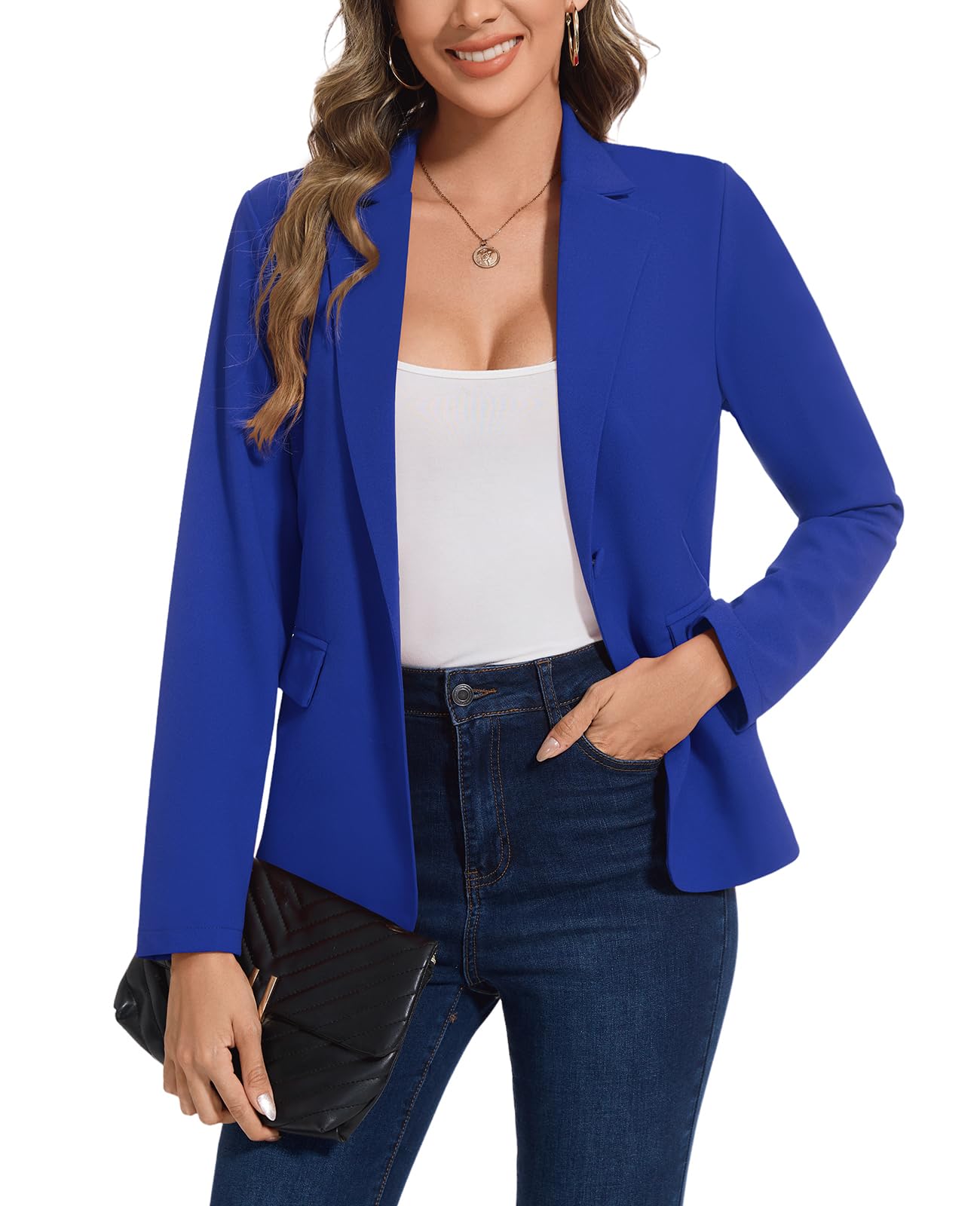 Blazers for Women Long Sleeve Notch Lapel Casual Work Office Blazer Open Front Button Pockets Suit Jackets