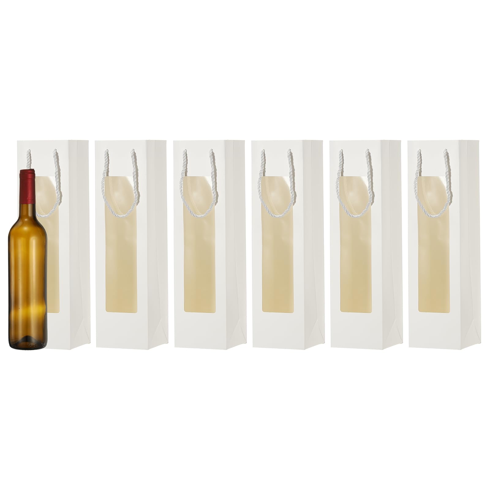 sourcing map 13.7" x 3.7" x 3.5" Wine Gift Bag, 6Pcs Bottle Kraft Paper Wine Bags Gift Tote Carrier Bottle Bag with Handles Bulk for Wedding Party Supplies, Birthday Holiday, White