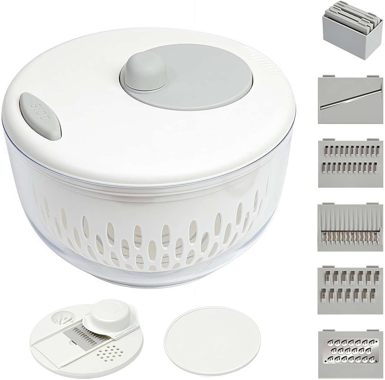 Multifunctional Vegetable Chopper and Salad Spinner with 5 Interchangeable Stainless Steel Bla-des - 4.5L Large Capacity Lettuce Dryer Bowl - Manual Food Slicer for Washing Draining and Storage