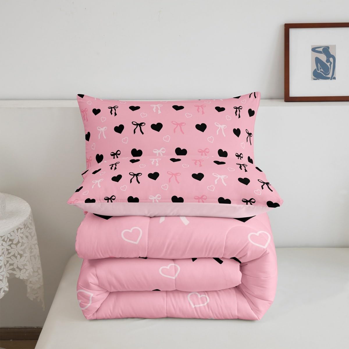 Feelyou Bow Tie Comforter Set Full Size Heart Love Bedding Set for Kids Boys Girls Decor Bow Duvet Quilt Pink Black White Romantic Bedroom Decor