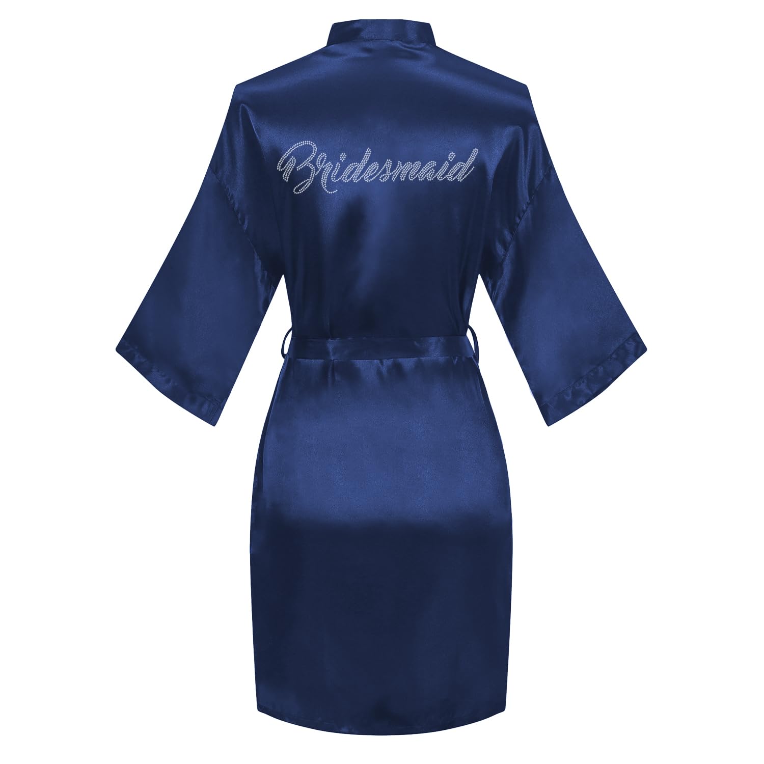Womens Satin Robe Bride Bridesmaid Short Kimono Robes with Silver Rhinestones for Wedding Party Getting Ready