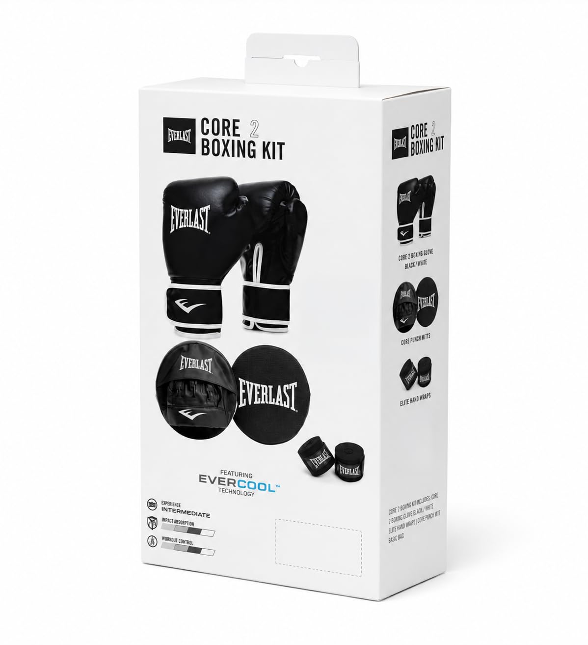 Everlast Core Boxpratzen-Set, Schwarz/Weiß | Enthält schwarze Kunstleder-Boxhandschuhe für Sandsäcke, Pratzen und 305-cm-Bandagen