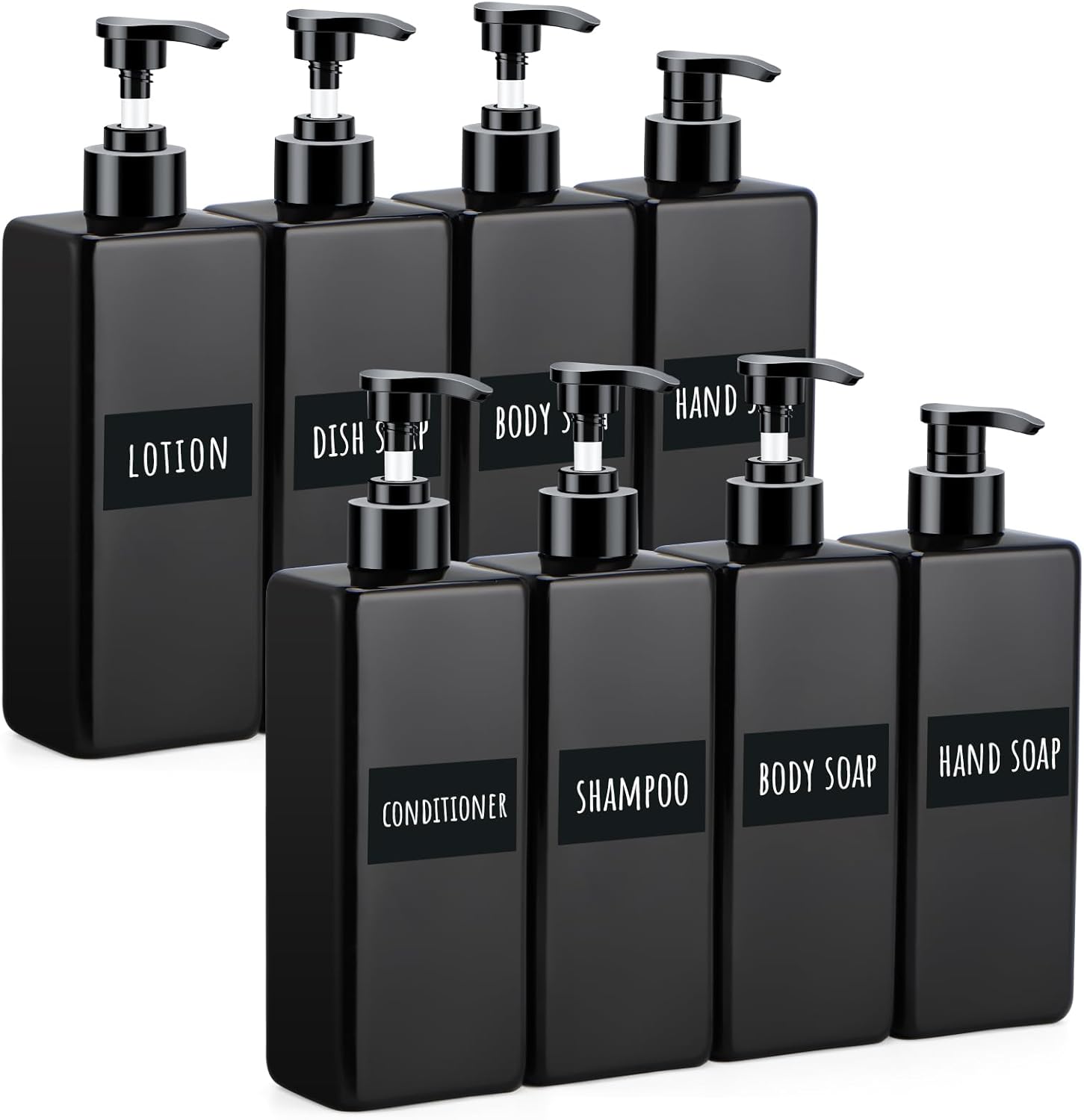 Segbeauty 8 Packs Black Square Bottles, 16.9oz Empty Refillable Soap Dispenser with Labels, 500ml Reusable Plastic Press Pump Bottles Lotion Container for Bathroom Kitchen Hotel Shampoo Conditioner