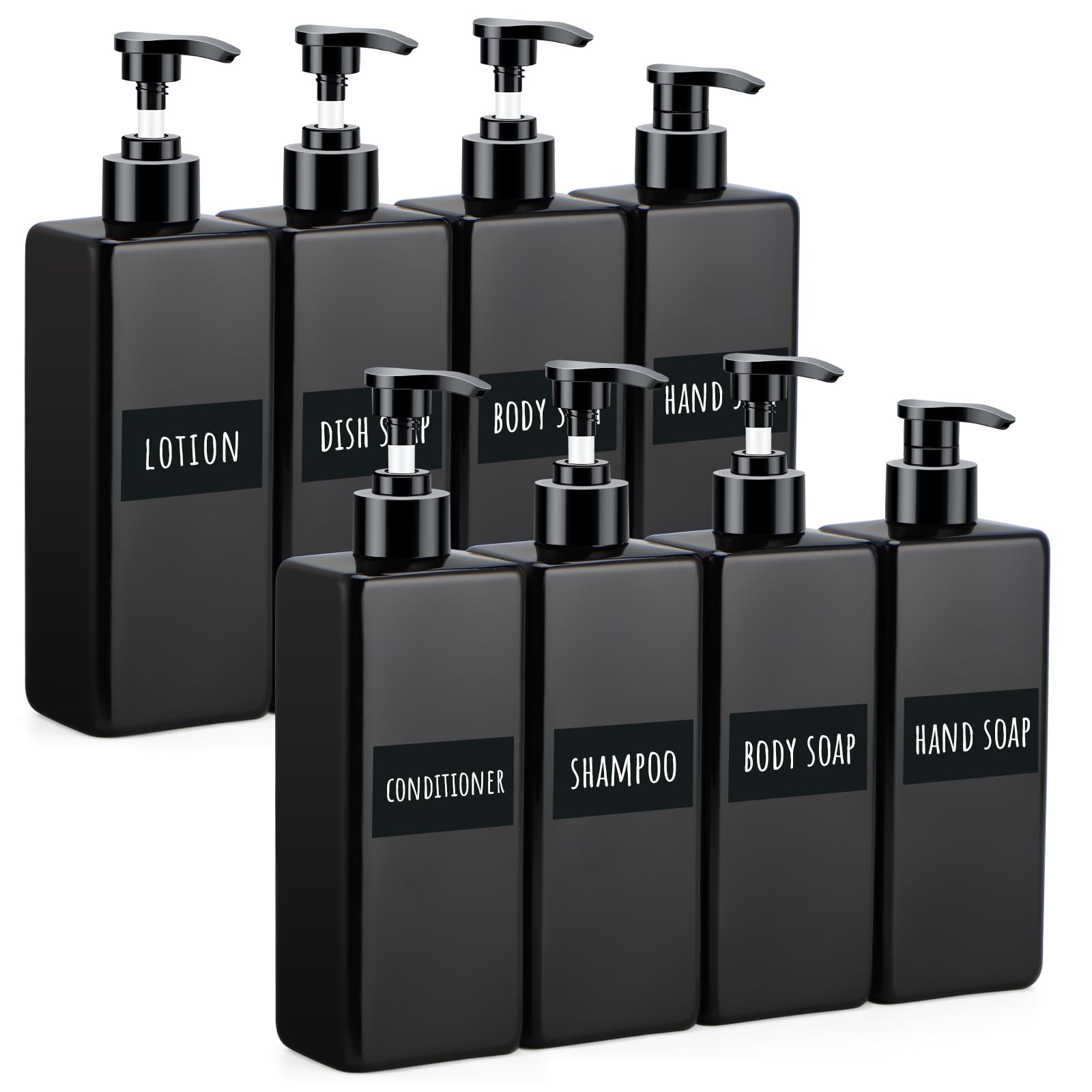 Segbeauty Lot de 8 flacons carrés noirs vides rechargeables avec étiquettes, 500 ml en plastique réutilisables à pompe pour salle de bain, cuisine, hôtel, shampooing, après-shampoing