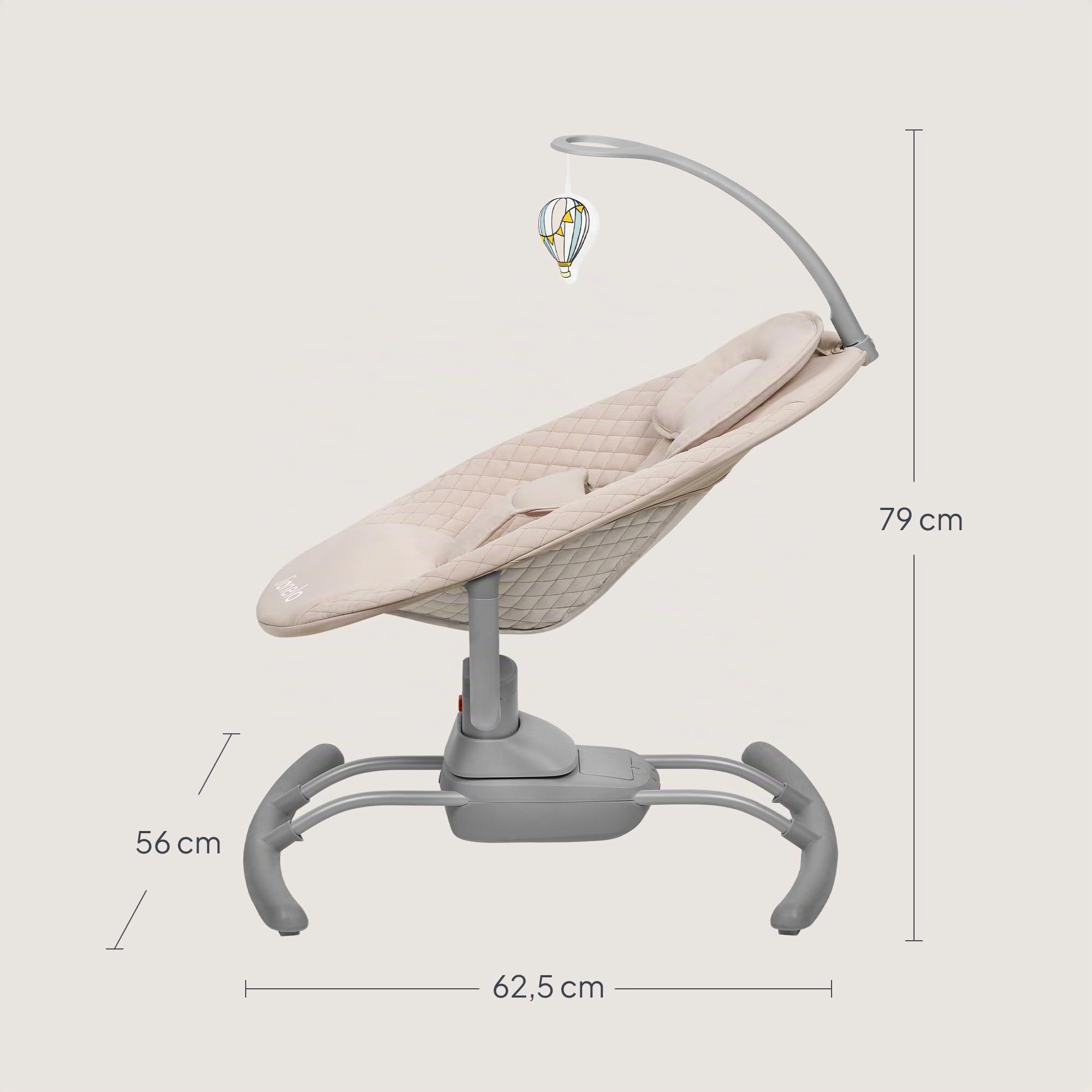 LIONELO Rio - Balancín eléctrico para niños de hasta 9 kg, respaldo ajustable, balancín de 3 velocidades, cinturones de seguridad con cojín, melodías y sonidos de la naturaleza, arco con juguete,