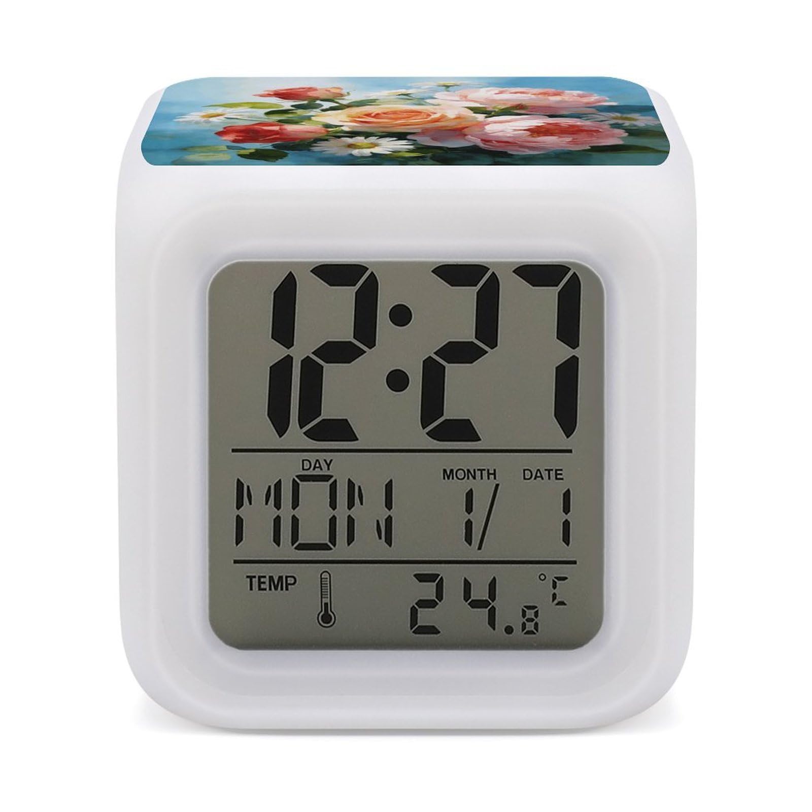 LZQPOEAS Gently Blooming Alarm Clock with 7 Color Changing Nightlight for Bedroom Calendar Temperature Display Wake Up Digital Clock Small Desk Clocks for Heavy Sleepers Adults