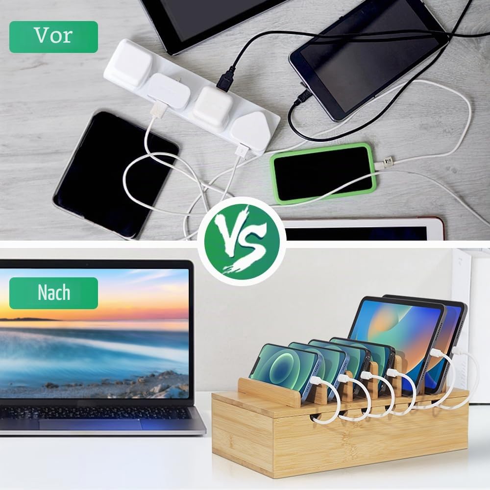 Bambus-Ladestation für mehrere Geräte, Upgrade-Schreibtisch-Dockingstationen, Organizer für Apple-Geräte, Holz-Lade-Handyhalter-Ständer (inkl. 6 Kabel) (ohne Netzteil)