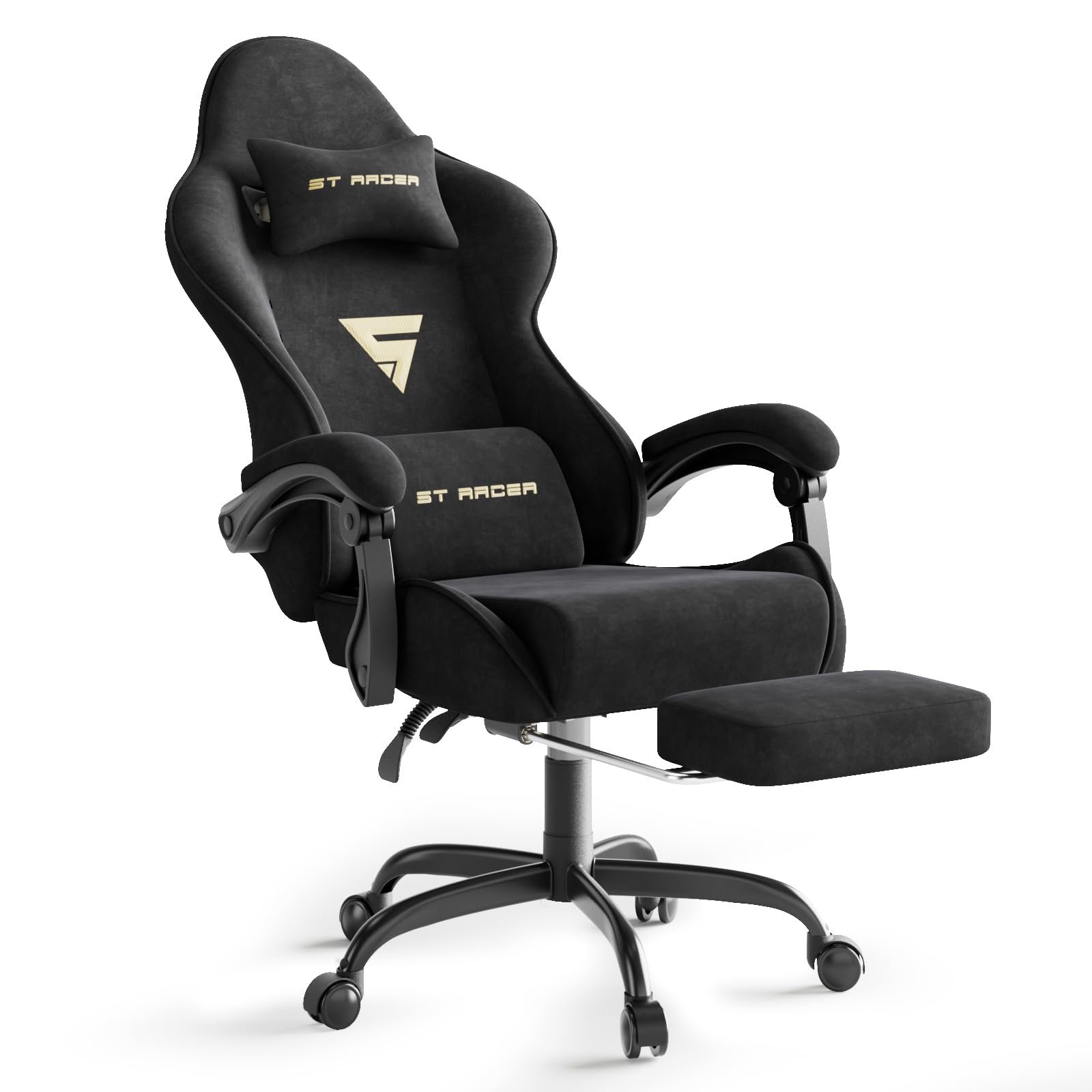 Ferghana Chaise Gaming Chaise Ergonomique Bureau Tissu Fauteuil Gaming en Tissu Velours, avec Coussin Lombaire De Massage, Coussin De Nuque, Repose-Pied, Capacité de Poids de 250lb, Noir