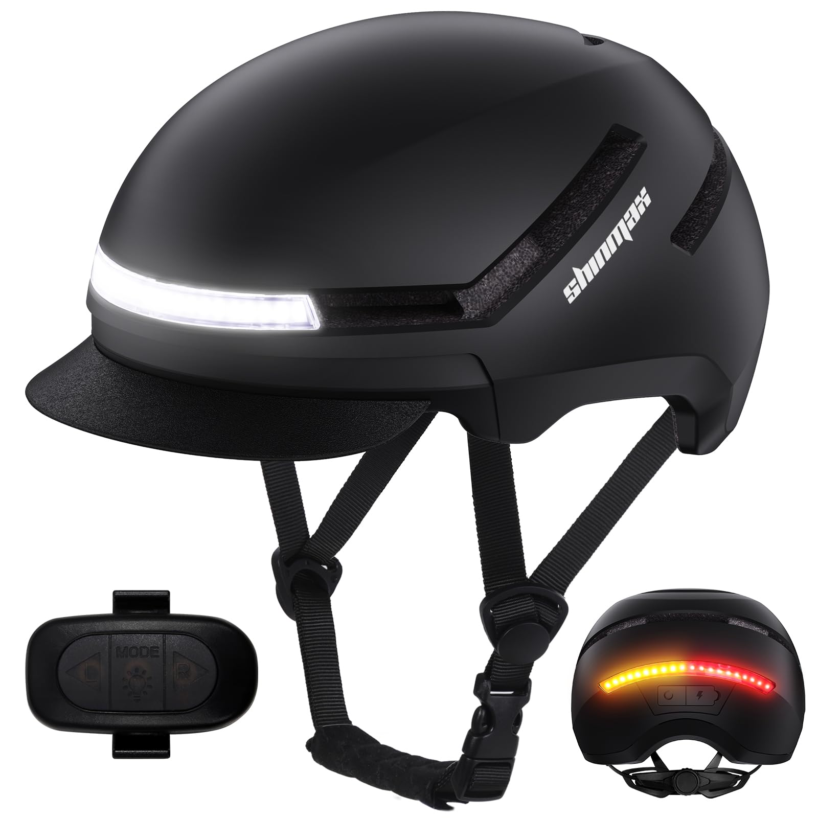 Shinmax Casque Velo Homme Femme avec Clignotants 4 Feux Arriere Feu Avant Chargement USB Adulte Bord Chapeau Amovible E-Bike S-Pedelec Scooter Electrique