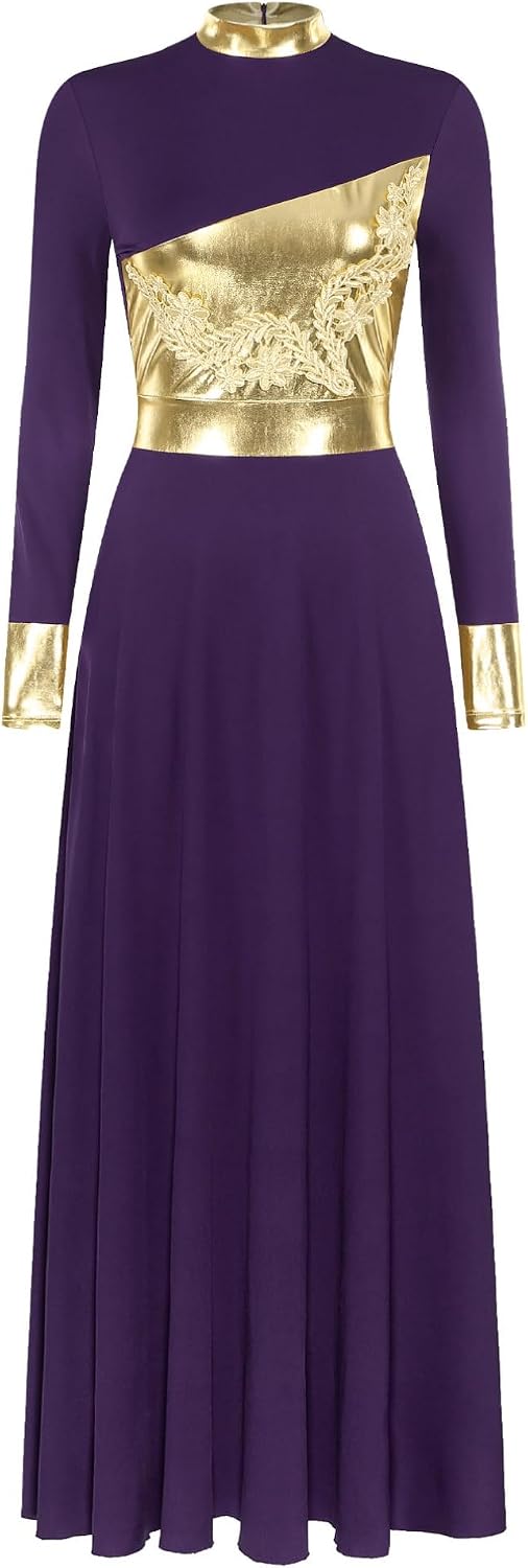 iiniim Womens Mock Neck Praise Dance Dress Shiny Metallic Long Sleeve Worship Liturgical Dancewear