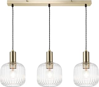 Clayton 3 Light Bar Pendant Ceiling Light, Modern Ribbed Glass Ceiling Lighting for Living Room & Dining Area, Brushed Brass, E27, Indoor Lights